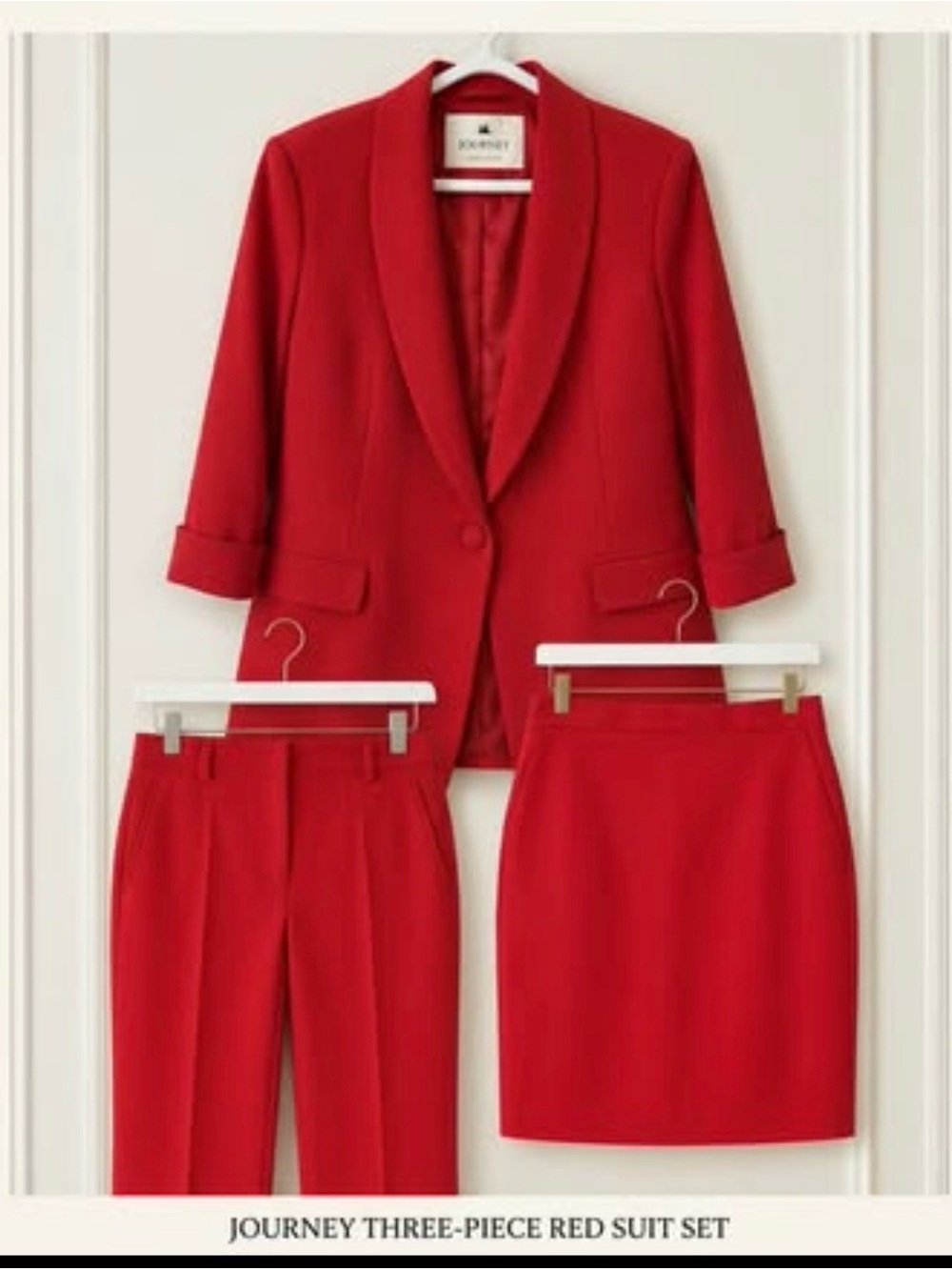 Journey Red Three-Piece Blazer, Pants & Skirt Suit